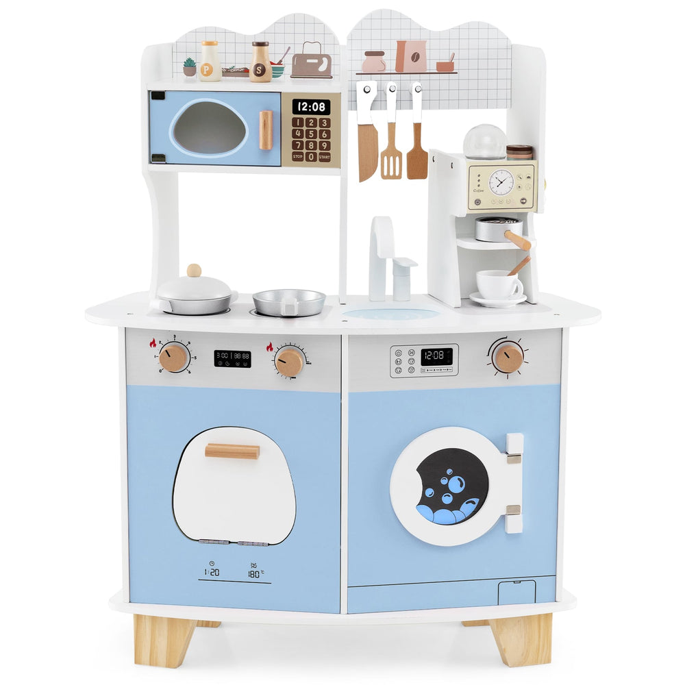 Wooden Kids Kitchen Playset Play Kitchen with Coffee Maker for 3+ Years Old-Blue