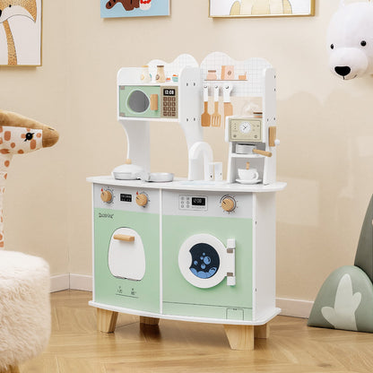 Wooden Kids Kitchen Playset with Coffee Maker for 3+ Years Old-Green