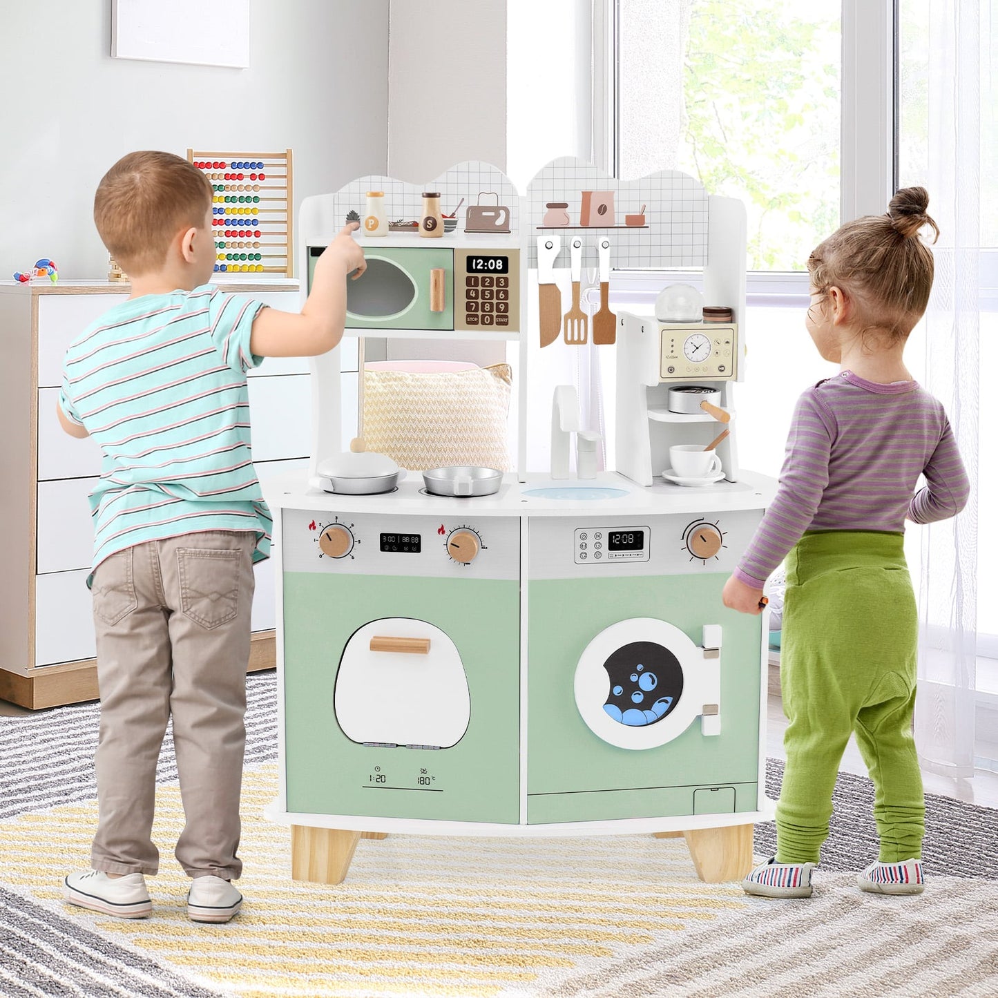Wooden Kids Kitchen Playset with Coffee Maker for 3+ Years Old-Green