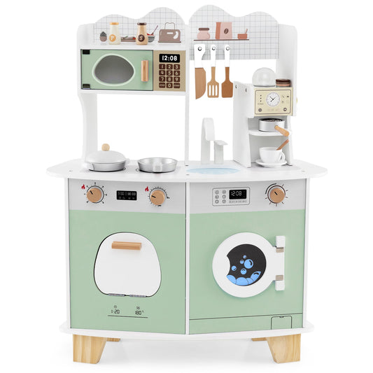 Wooden Kids Kitchen Playset with Coffee Maker for 3+ Years Old-Green