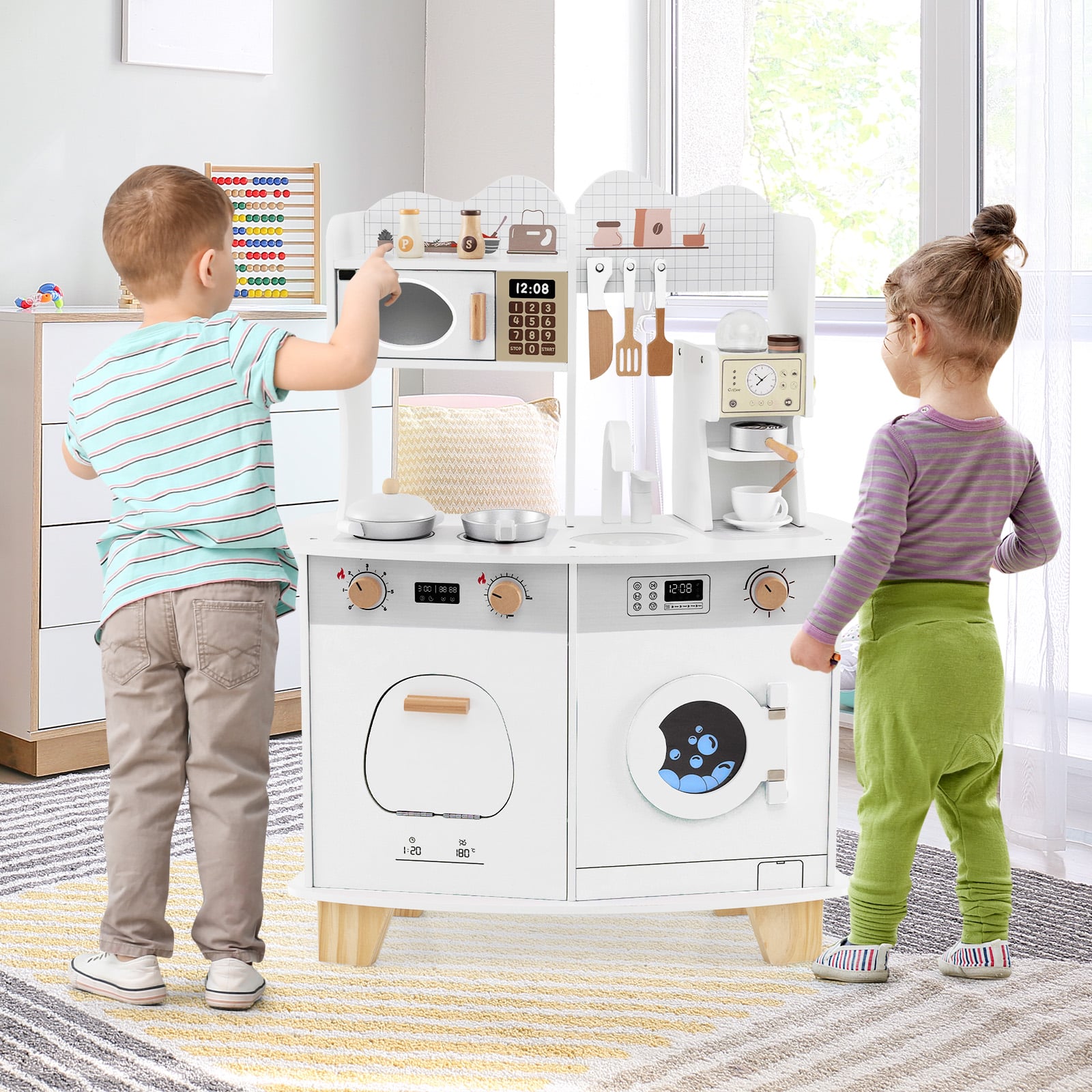 Wooden Kids Kitchen Playset with Coffee Maker for 3+ Years Old-White