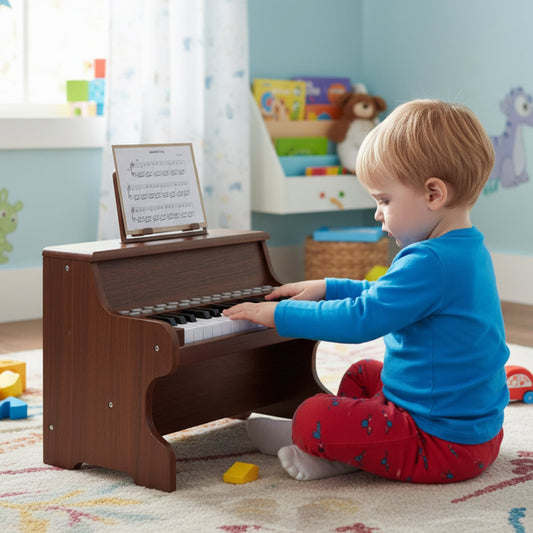 Wooden Kids Piano Keyboard 25 Keys Digital Piano with Music Stand Music Learning Gift for 3+ Kids-Brown