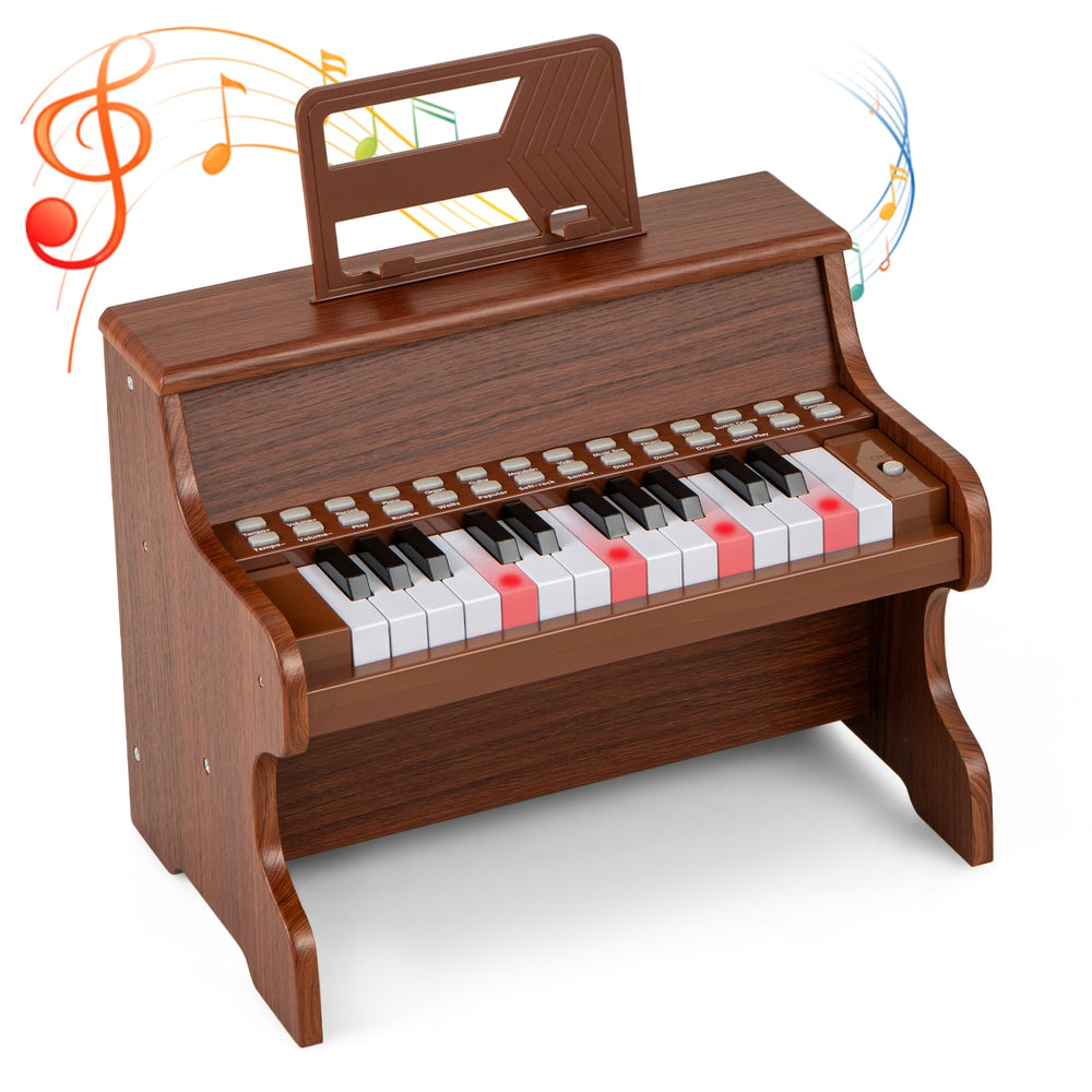 Wooden Kids Piano Keyboard 25 Keys Digital Piano with Music Stand Music Learning Gift for 3+ Kids-Brown