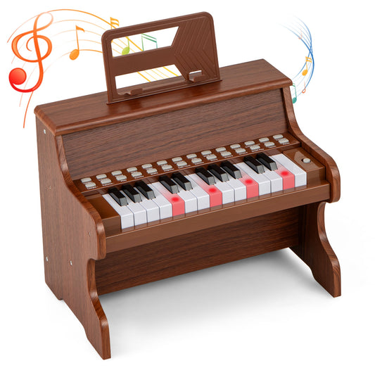 Wooden Kids Piano Keyboard 25 Keys Digital Piano with Music Stand Music Learning Gift for 3+ Kids-Brown