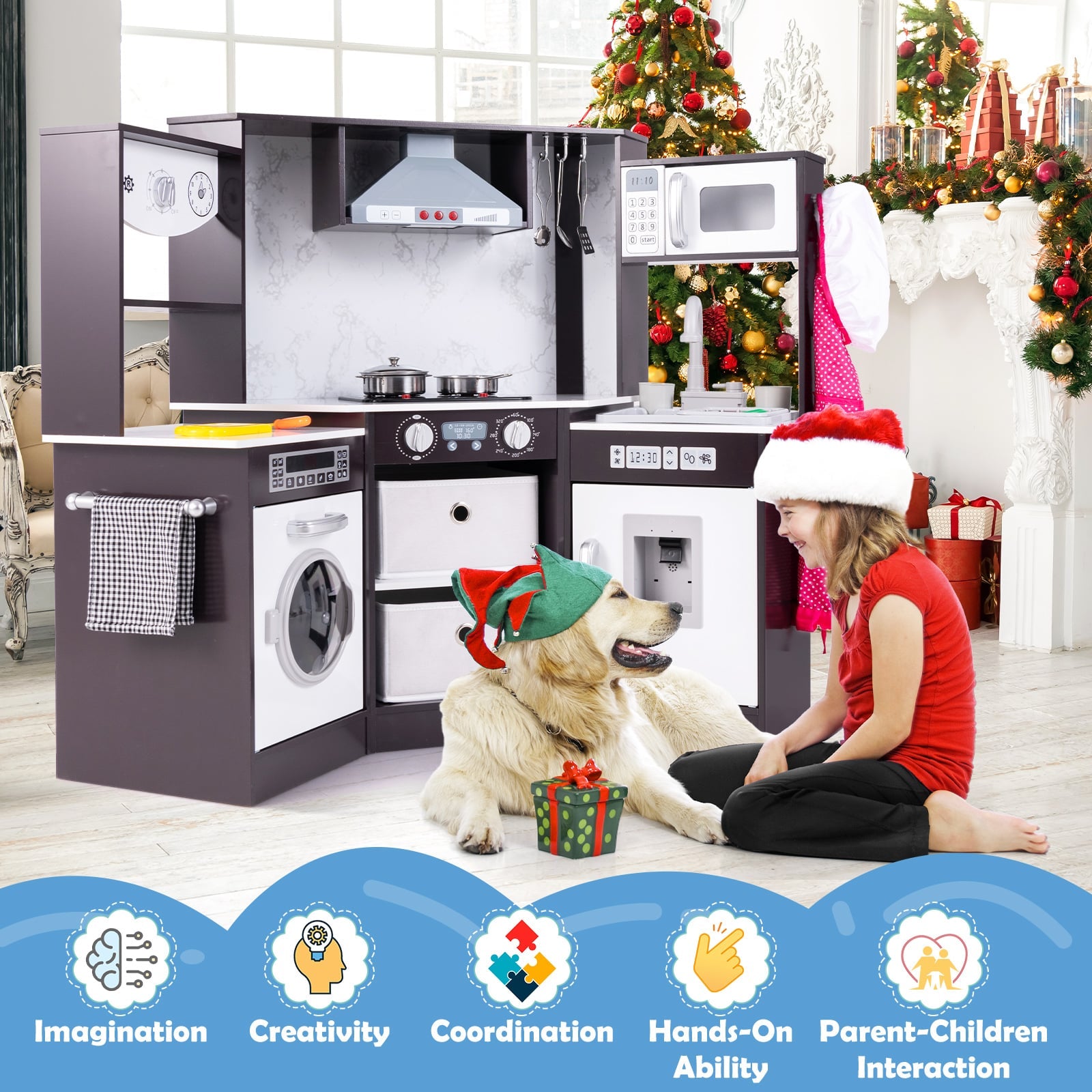 Wooden Kids Play Kitchen Corner with Lights and Water Circulation System-Coffee