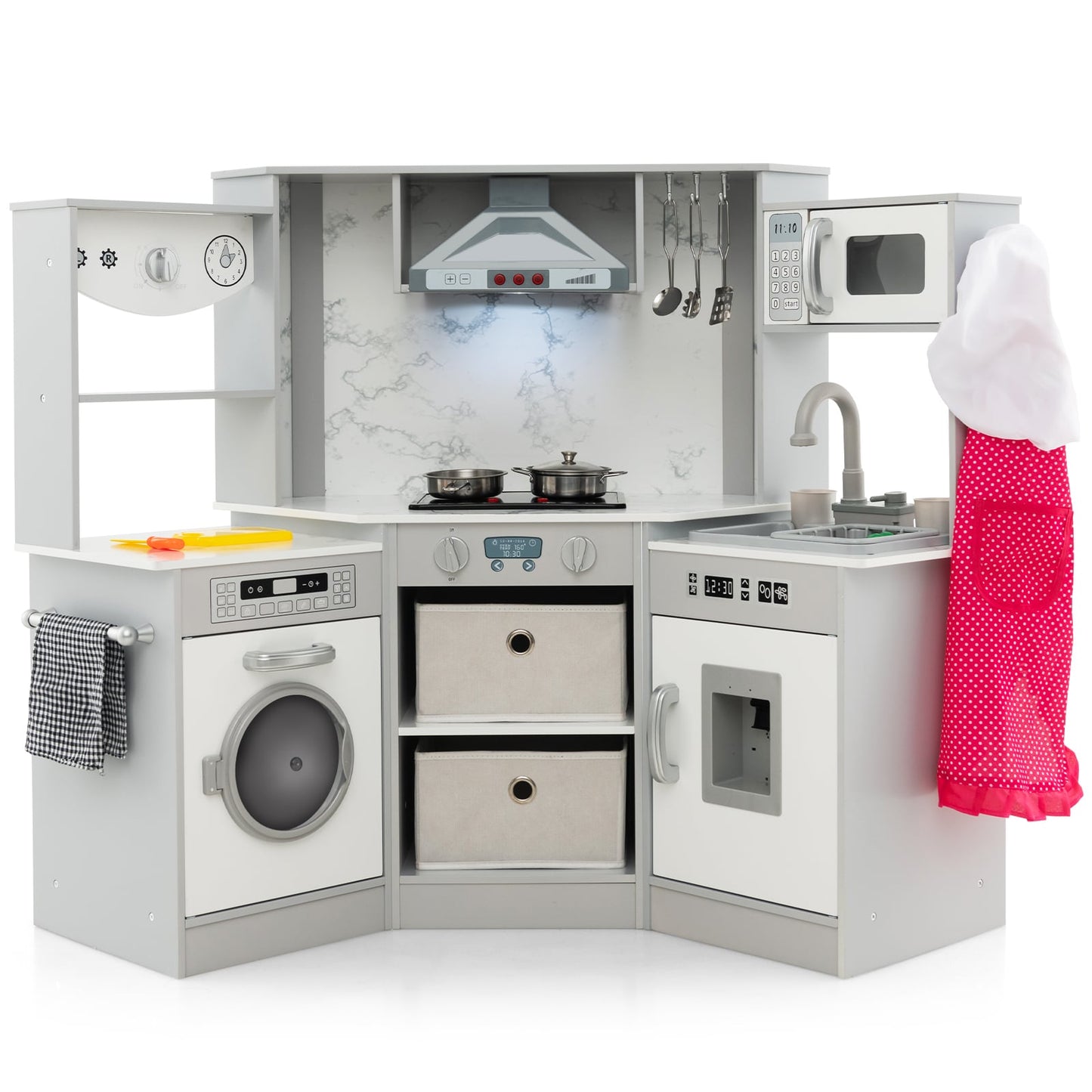 Wooden Kids Play Kitchen Corner with Lights and Water Circulation System-Grey