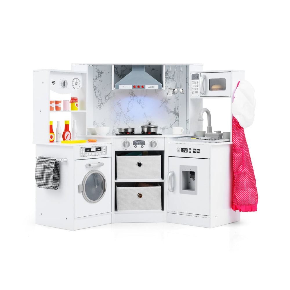 Wooden Kids Play Kitchen Corner with Lights and Water Circulation System-White