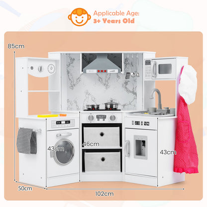 Wooden Kids Play Kitchen Corner with Lights and Water Circulation System-White