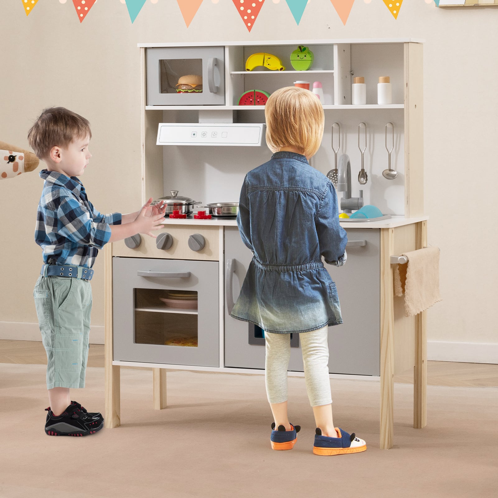 Wooden Kids Play Kitchen Set with Microwave Stoves Oven-Grey