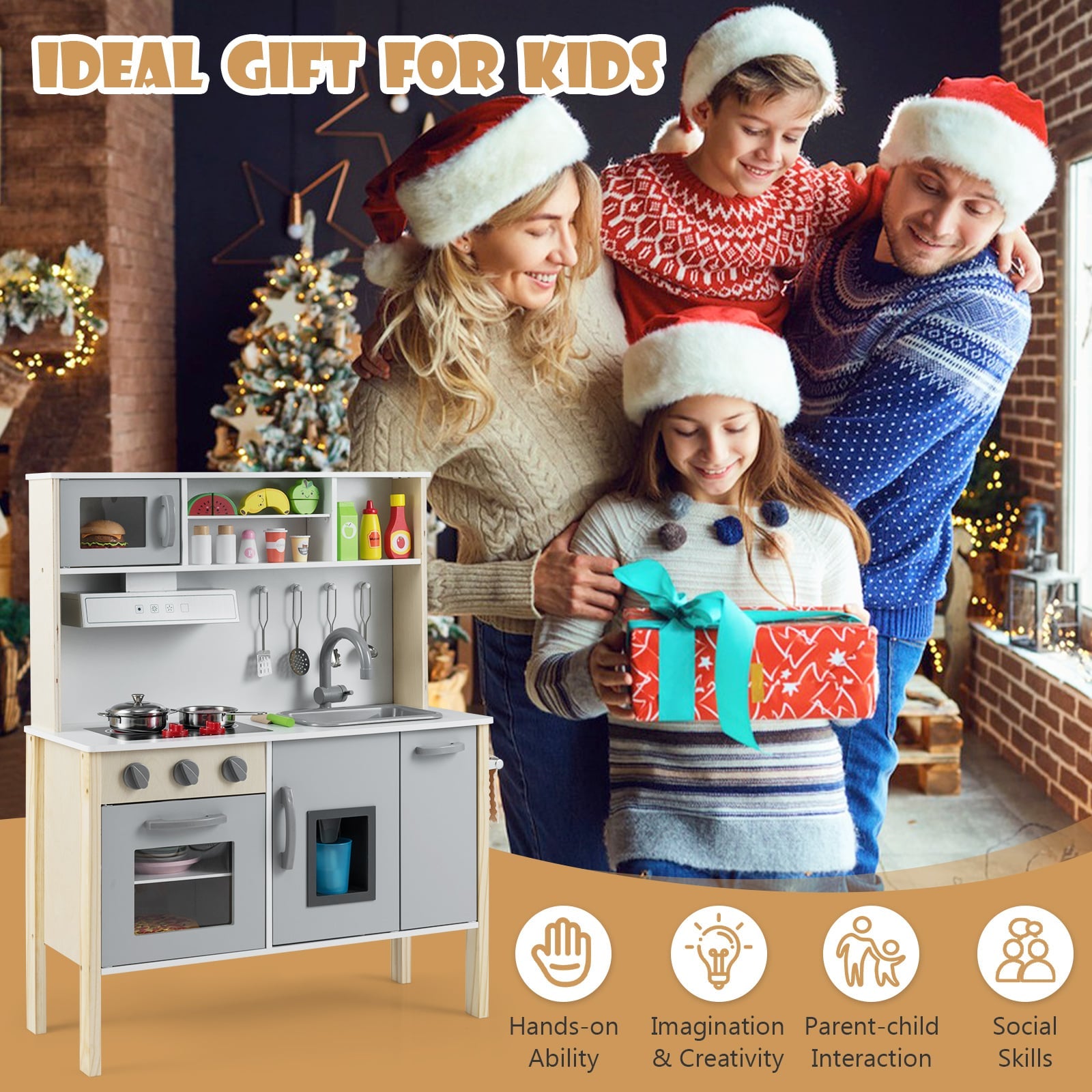 Wooden Kids Play Kitchen Set with Microwave Stoves Oven-Grey