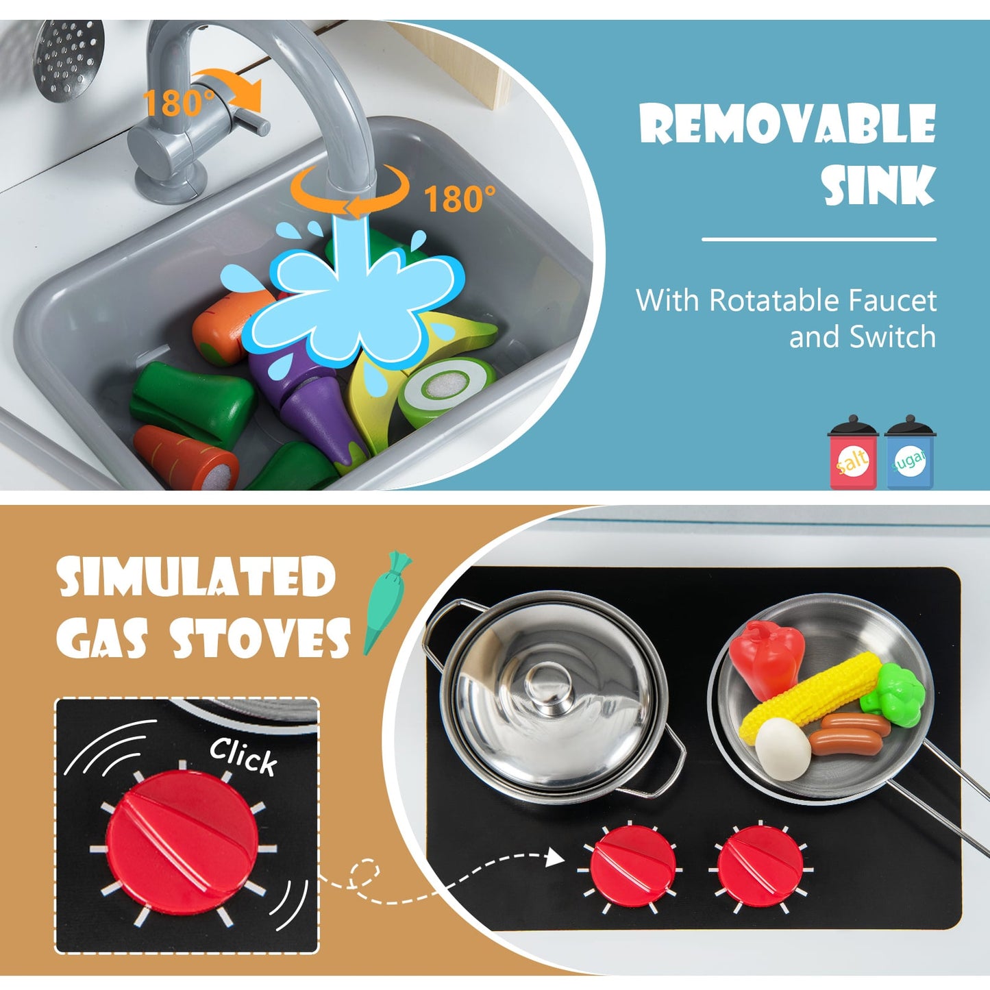 Wooden Kids Play Kitchen Set with Microwave Stoves Oven-Grey