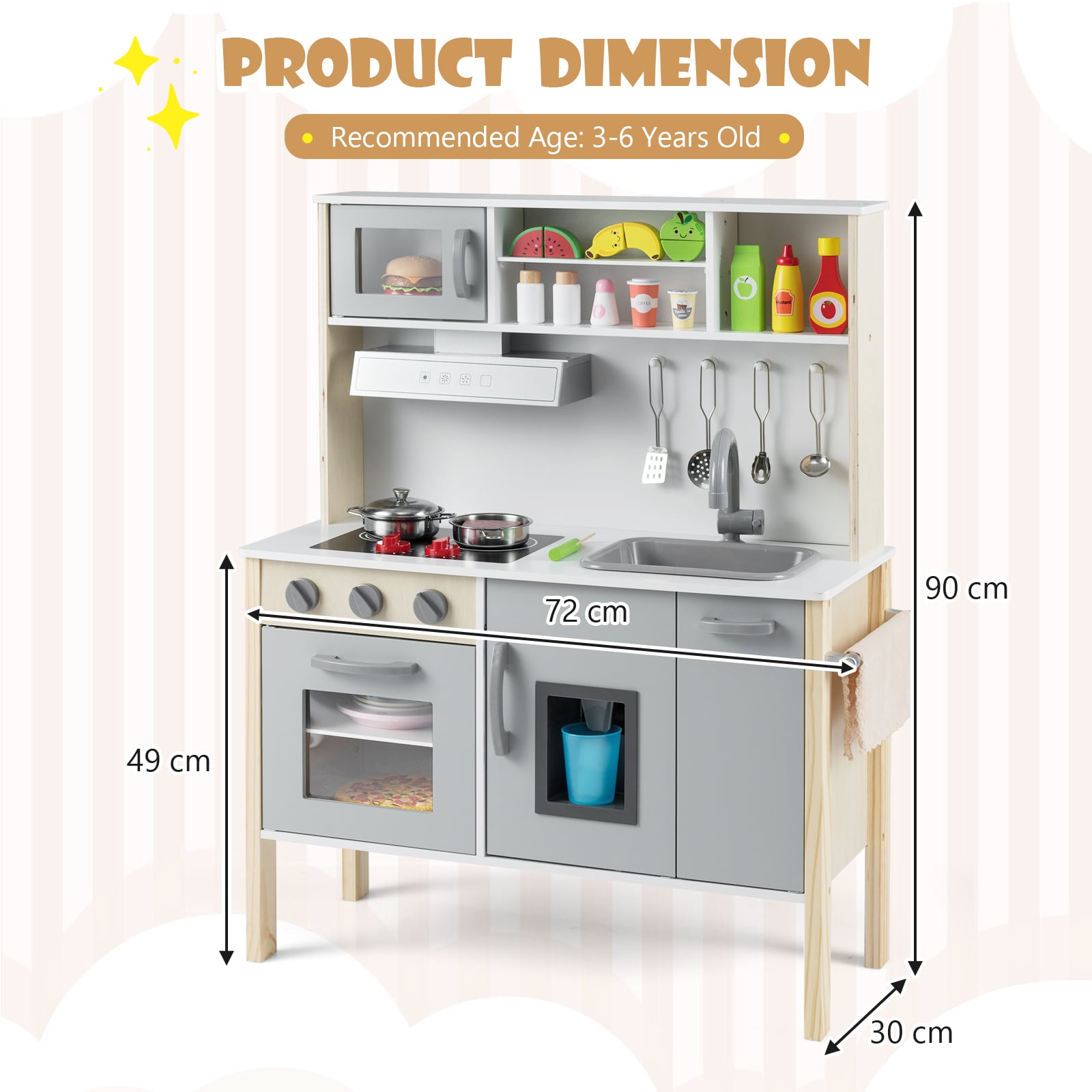 Wooden Kids Play Kitchen Set with Microwave Stoves Oven-Grey