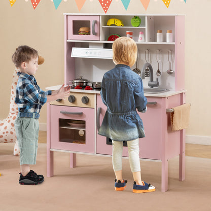 Wooden Kids Play Kitchen Set with Microwave Stoves Oven-Light Pink