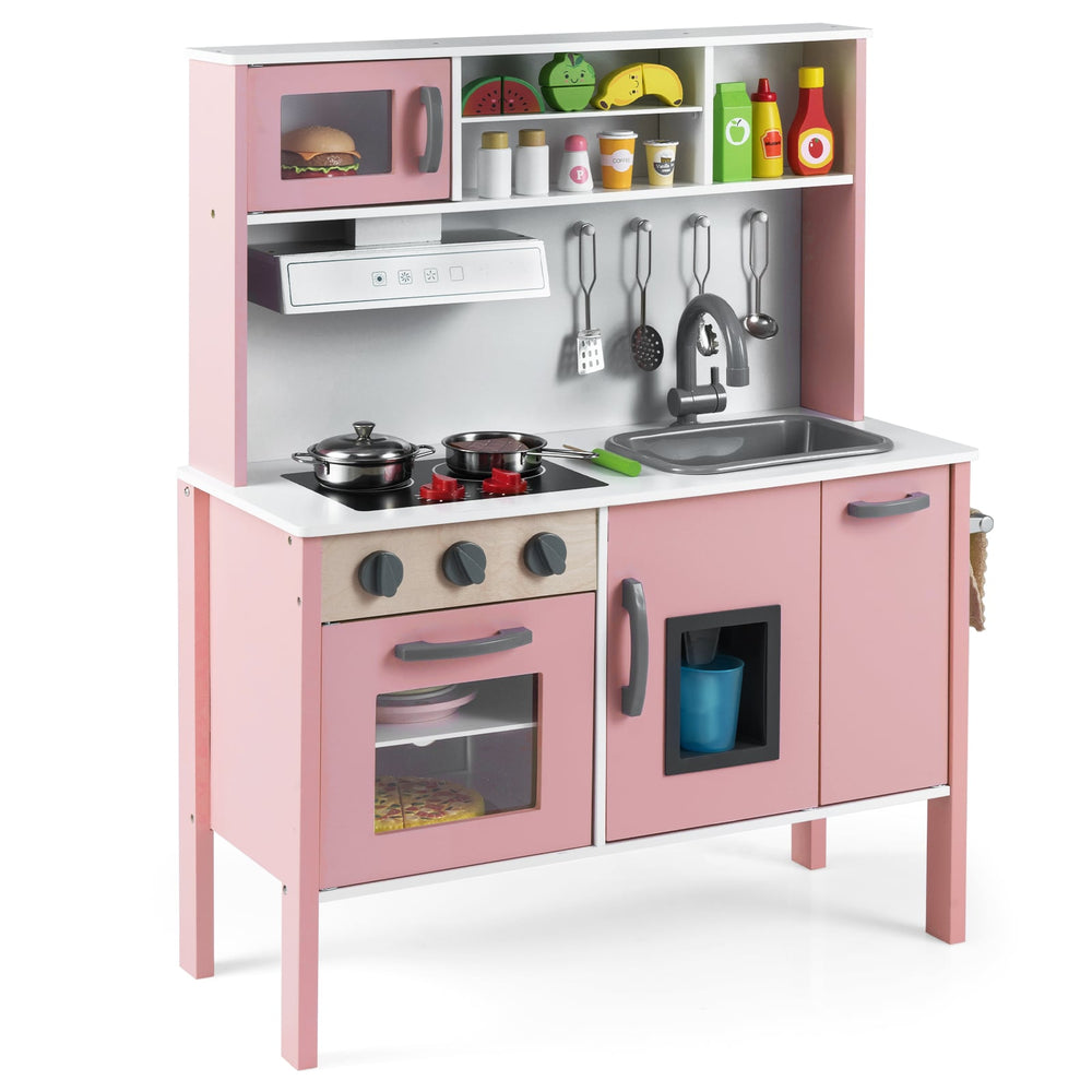 Wooden Kids Play Kitchen Set with Microwave Stoves Oven-Light Pink