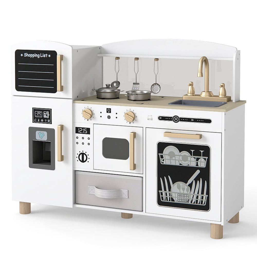 Wooden Kids Play Kitchen with Ice Maker and Fabric Drawer-White