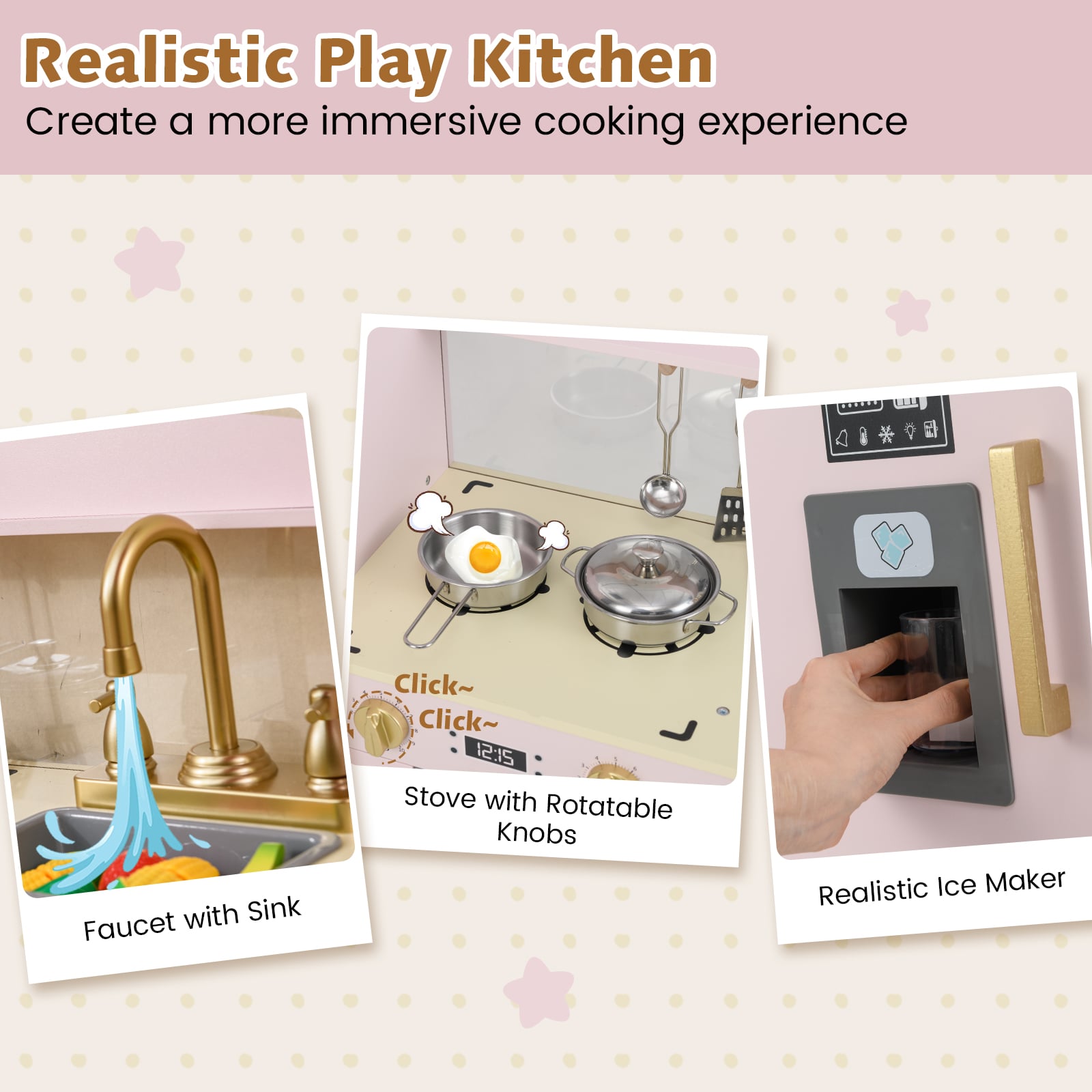 Wooden Kids Play Kitchen with Ice Maker and Fabric Drawer-Pink