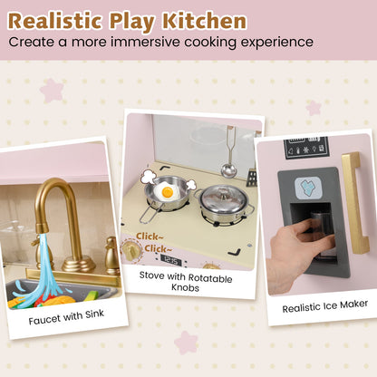 Wooden Kids Play Kitchen with Ice Maker and Fabric Drawer-Pink