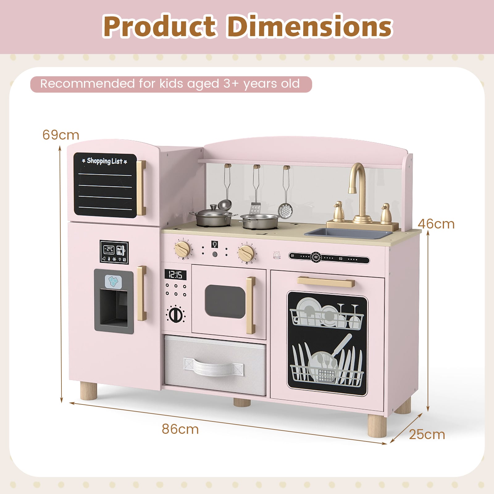 Wooden Kids Play Kitchen with Ice Maker and Fabric Drawer-Pink