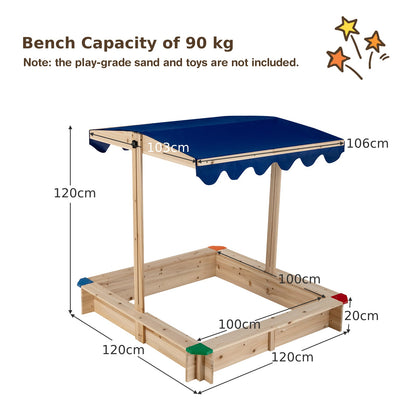 Wooden Kids Sandbox with Height-Adjustable Canopy and Protective Corners