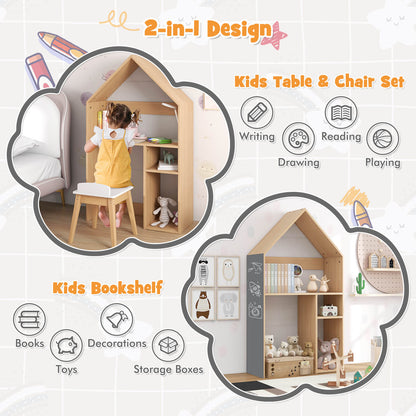 Wooden Kids Table and Chair Set House-Shaped with Blackboard-White