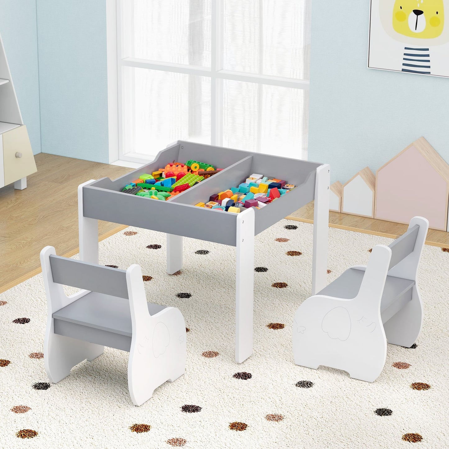 Wooden Kids Table and Chair Set with Hidden Storage-Gray &amp;amp; White