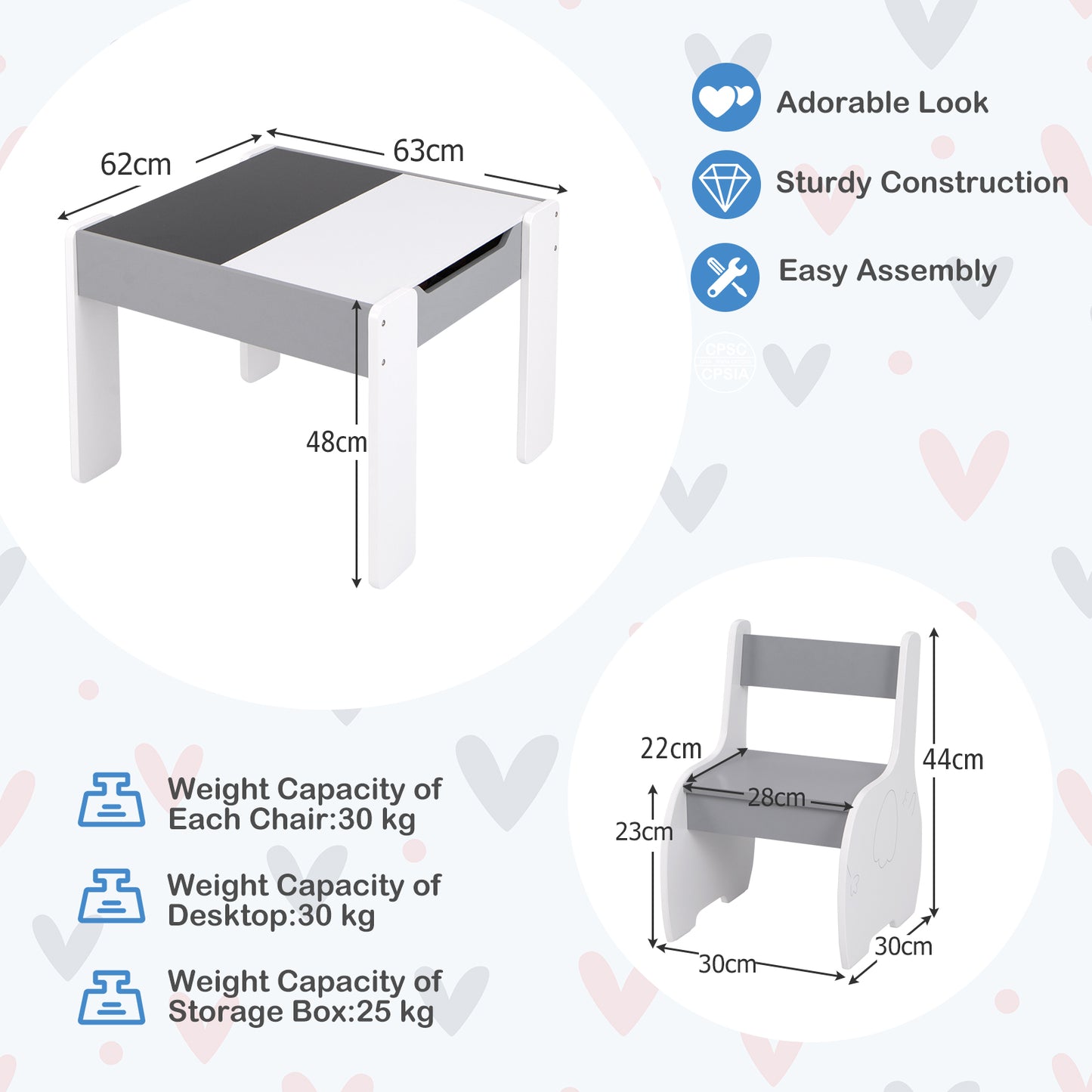 Wooden Kids Table and Chair Set with Hidden Storage-Gray &amp;amp; White