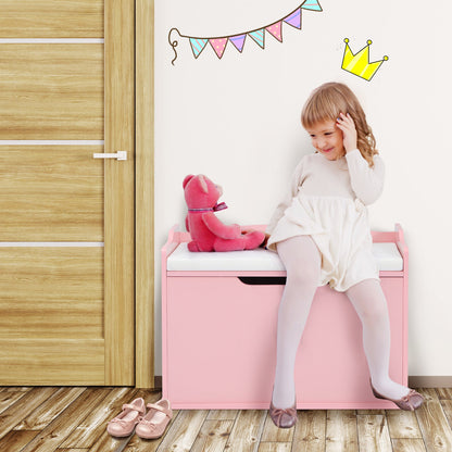 Wooden Kids Toy Box and Bench with Cushion and Handles-Pink