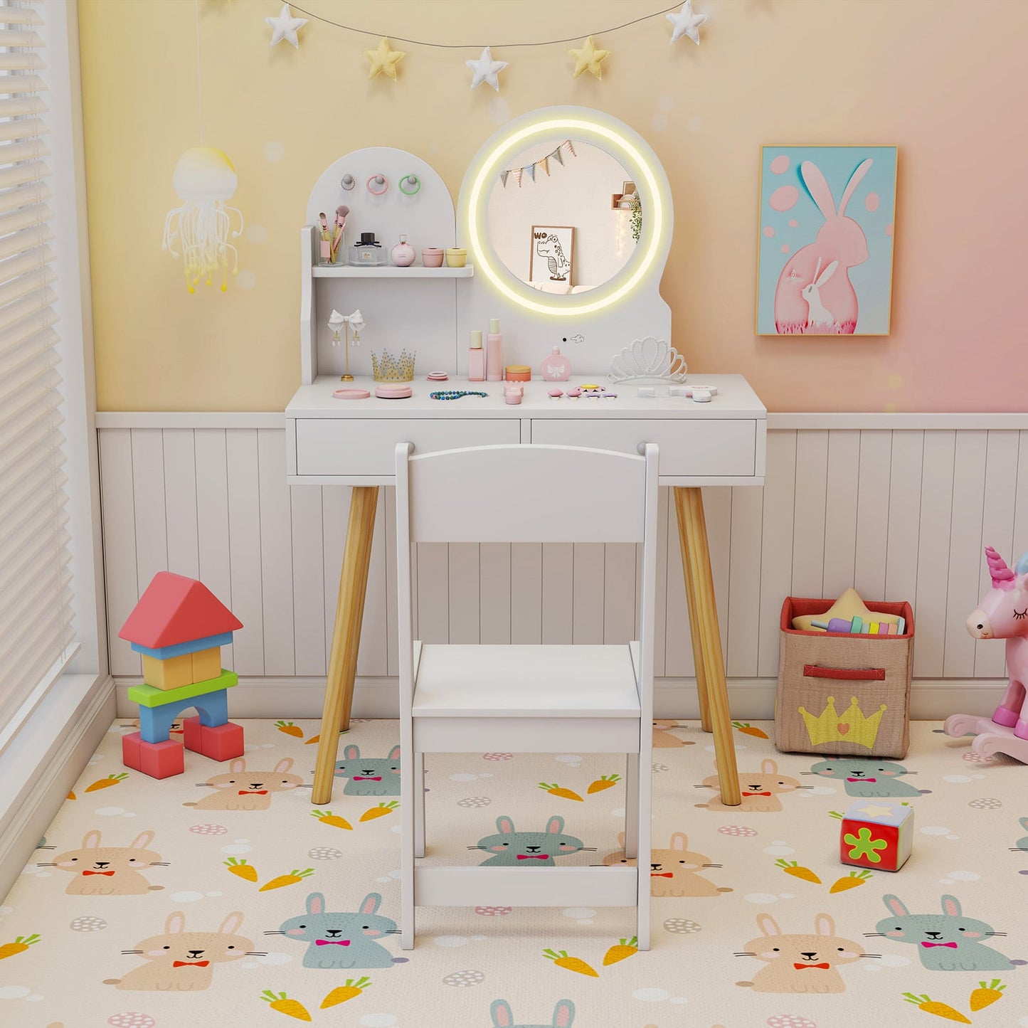 Wooden Kids Vanity Set with Lighted Mirror, Hooks and Storage Drawers-White