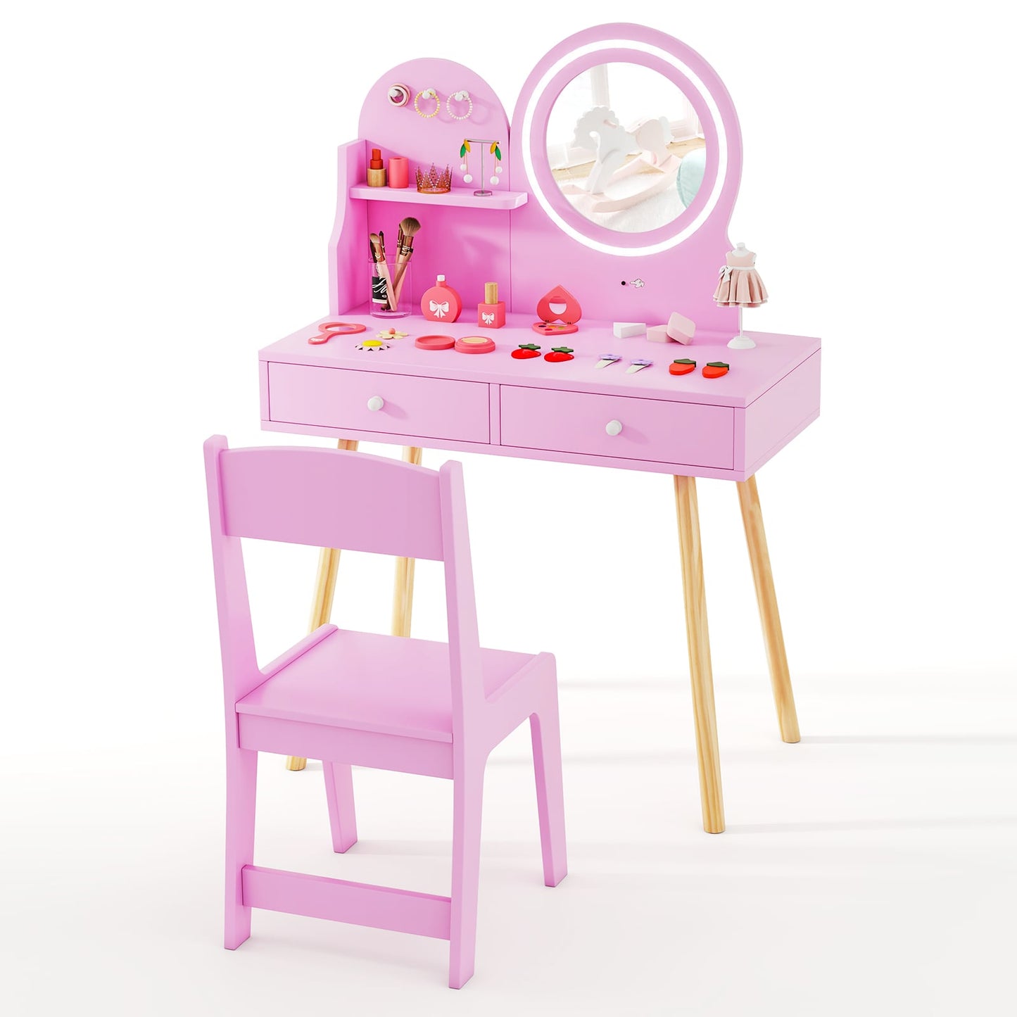 Wooden Kids Vanity Set with Lighted Mirror, Hooks and Storage Drawers-Pink