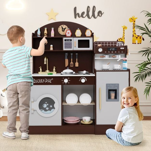 Wooden Kitchen Playset with Clock and Microwave-Coffee