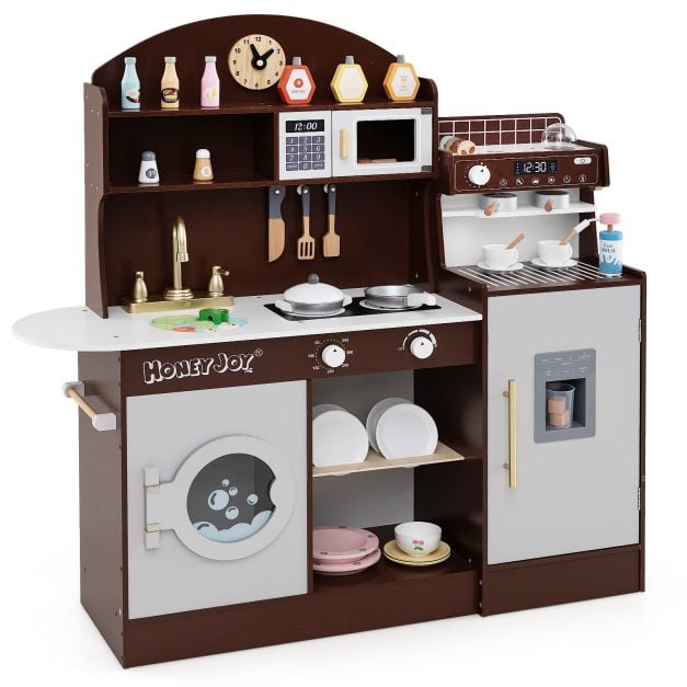 Wooden Kitchen Playset with Clock and Microwave-Coffee