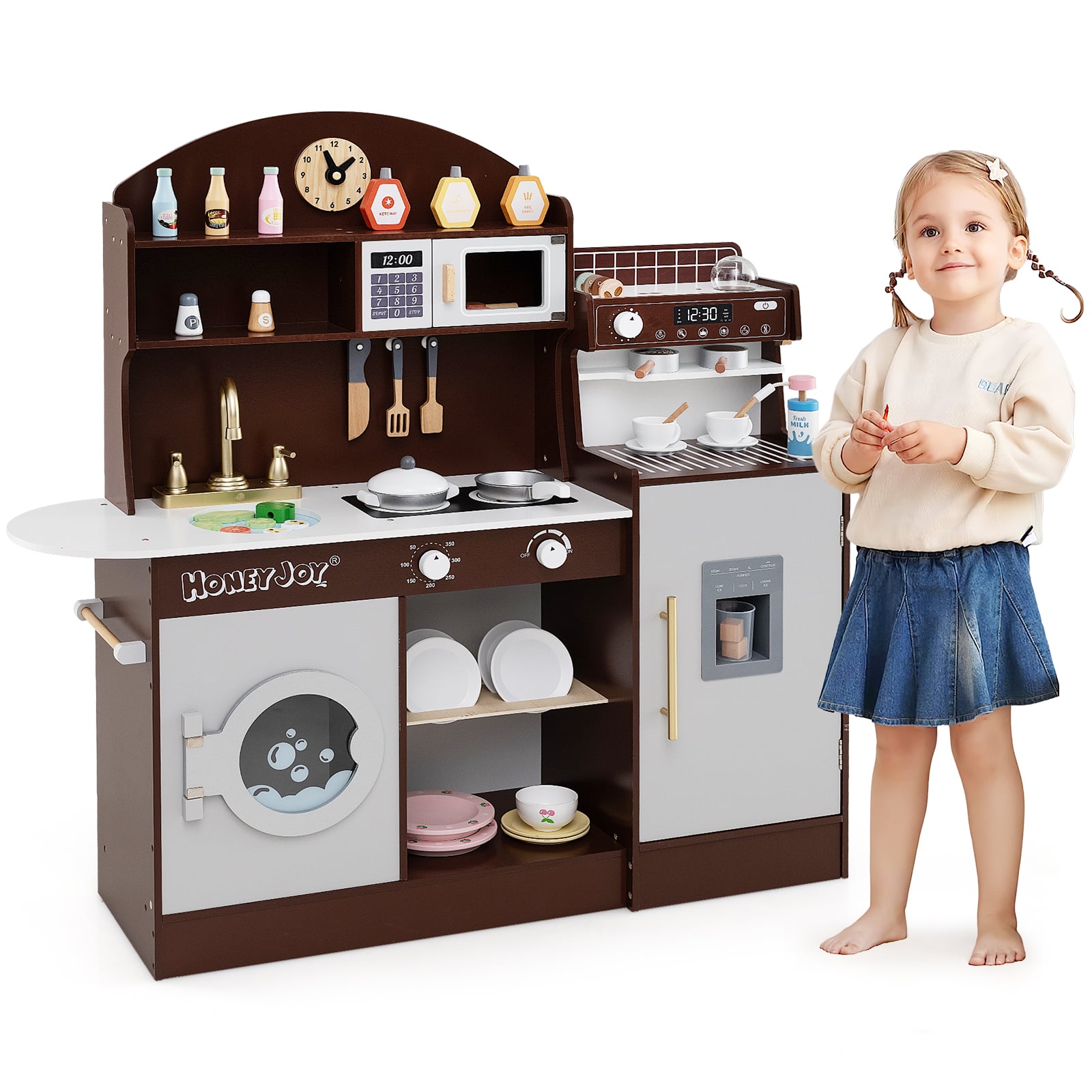 Wooden Kitchen Playset with Clock and Microwave-Brown
