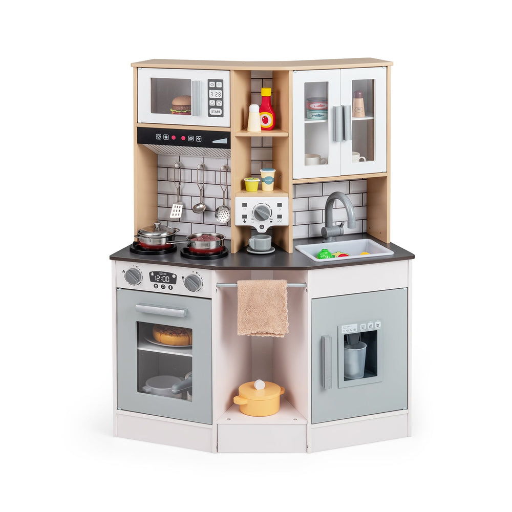 Wooden Kitchen Playset with Sound and Light for Boys Girls-Gray & White
