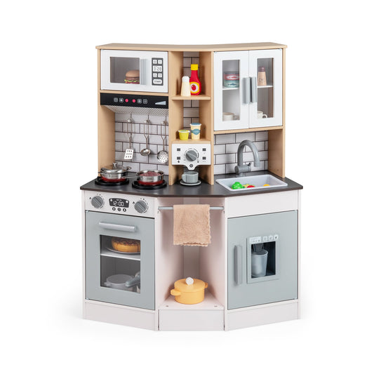Wooden Kitchen Playset with Sound and Light for Boys Girls-Gray & White
