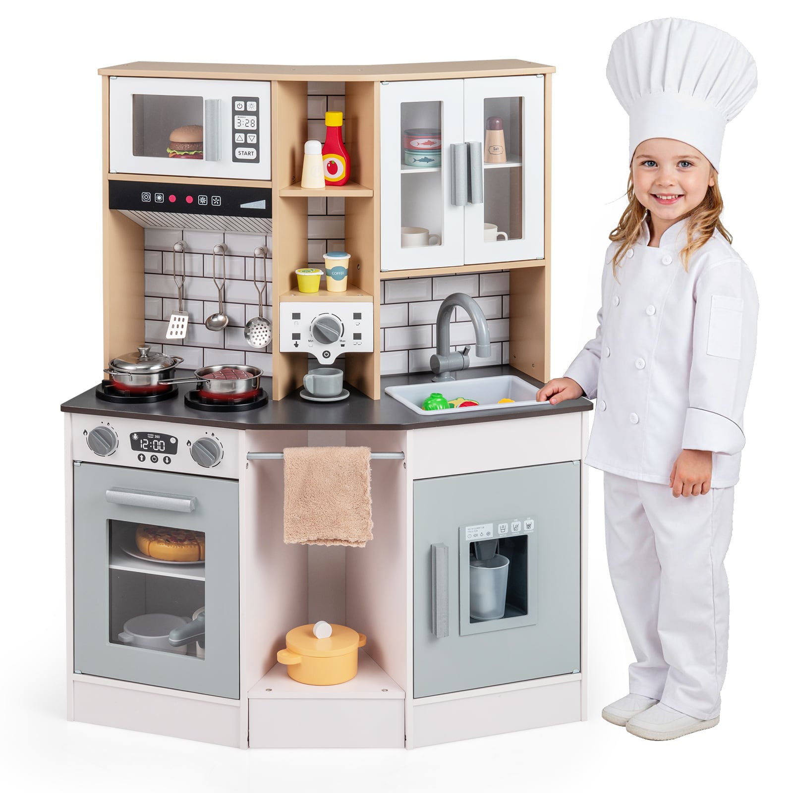 Wooden Kitchen Playset with Sound and Light for Boys Girls-Gray & White