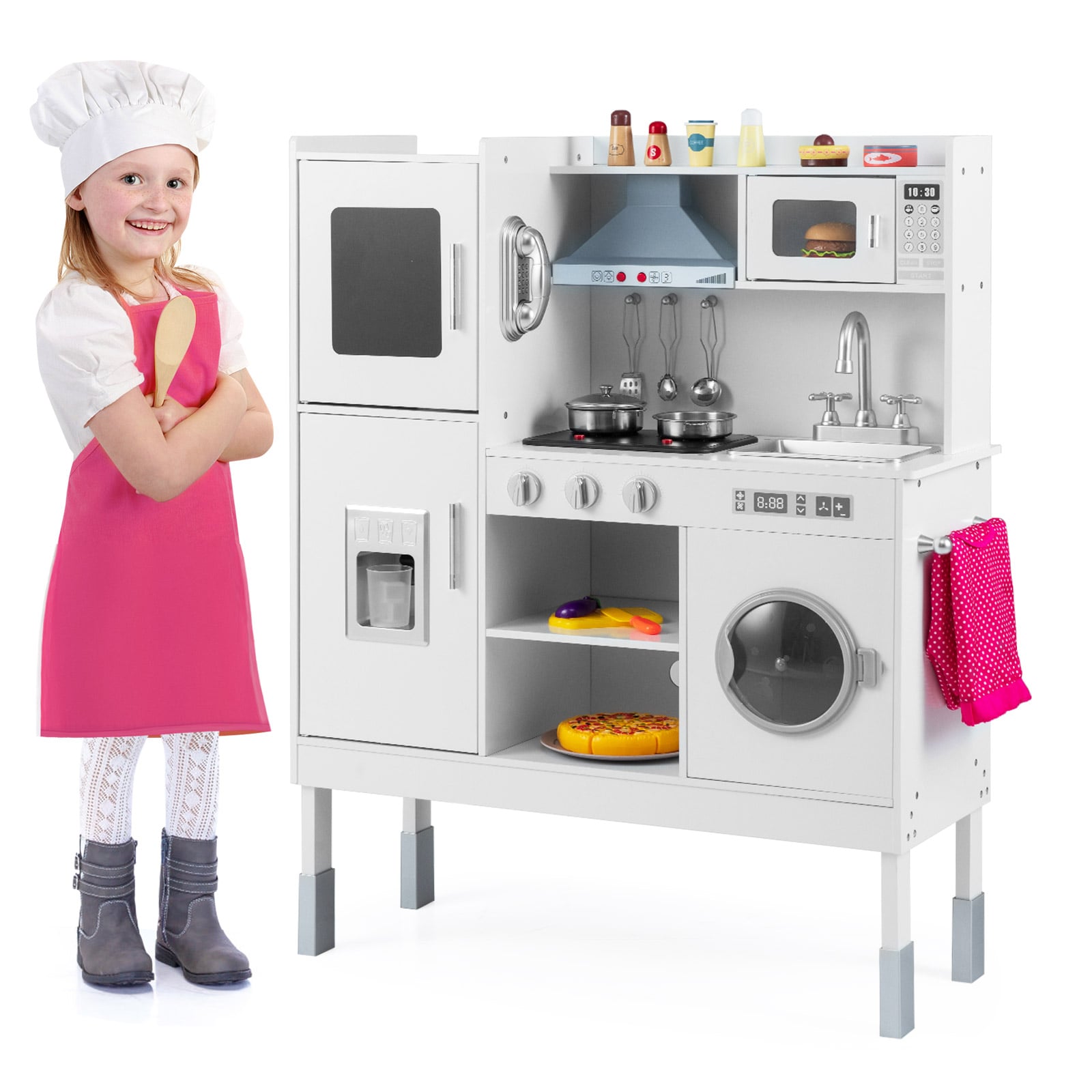 Wooden Kitchen Toy Set with 16 Pieces Accessories and Real Sounds-White