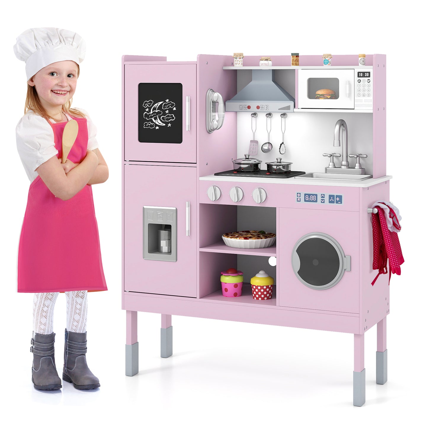 Wooden Kitchen Toy Set with 16 Pieces Accessories and Real Sounds-Pink