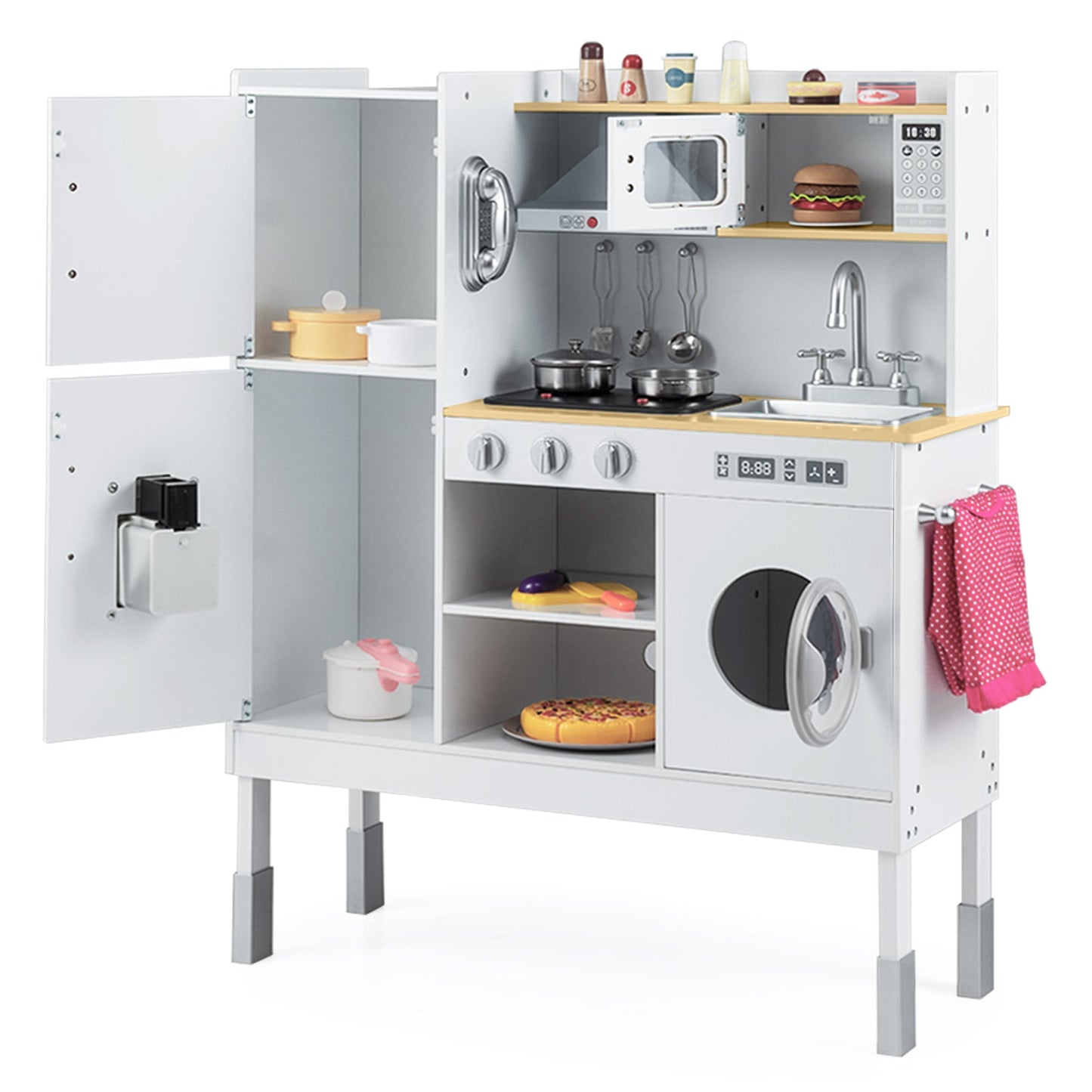 Wooden Kitchen Toy Set with 16 Pieces Accessories and Real Sounds-White