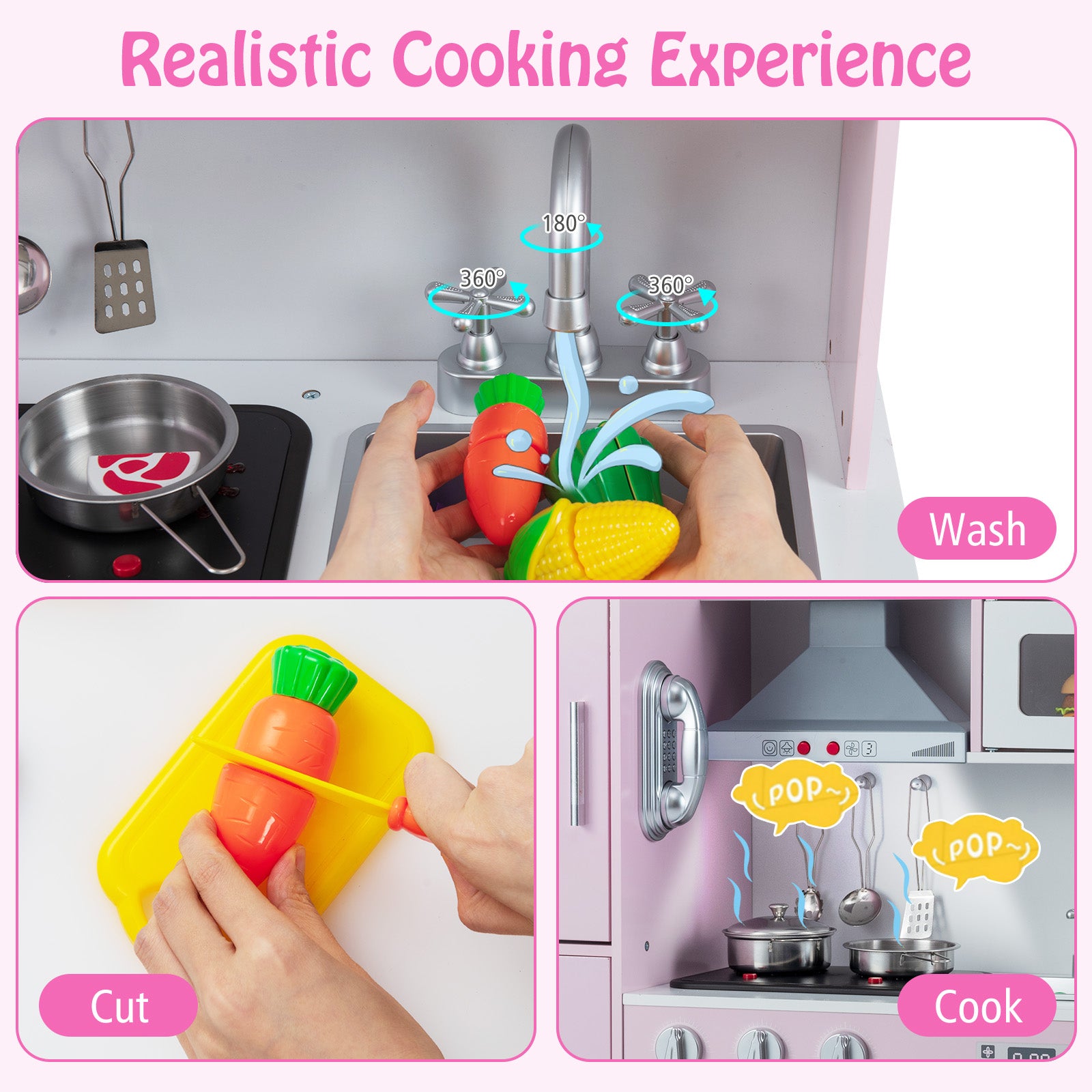 Wooden Kitchen Toy Set with 16 Pieces Accessories and Real Sounds-Pink