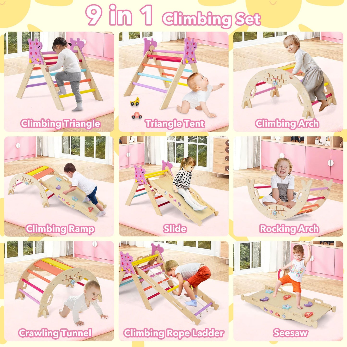 Wooden Montessori Climbing Set with Climbing Rope and Ladder-Colourful