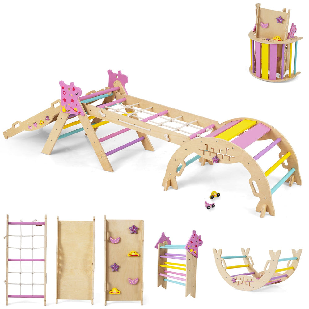 Wooden Montessori Climbing Set with Climbing Rope and Ladder-Macaron