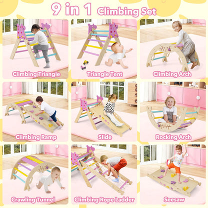 Wooden Montessori Climbing Set with Climbing Rope and Ladder-Macaron