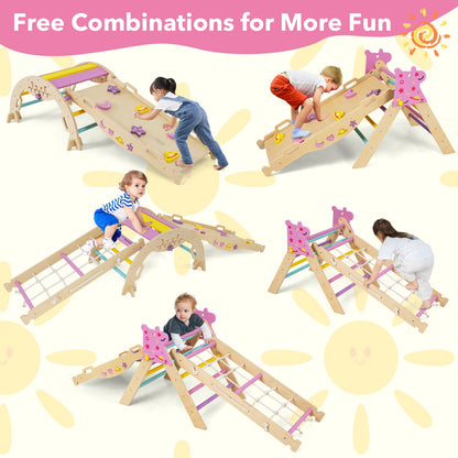 Wooden Montessori Climbing Set with Climbing Rope and Ladder-Macaron