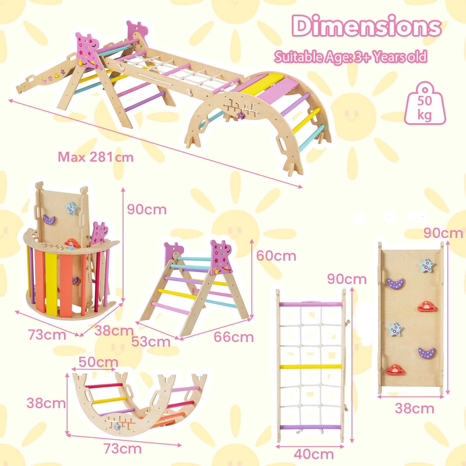 Wooden Montessori Climbing Set with Climbing Rope and Ladder-Macaron