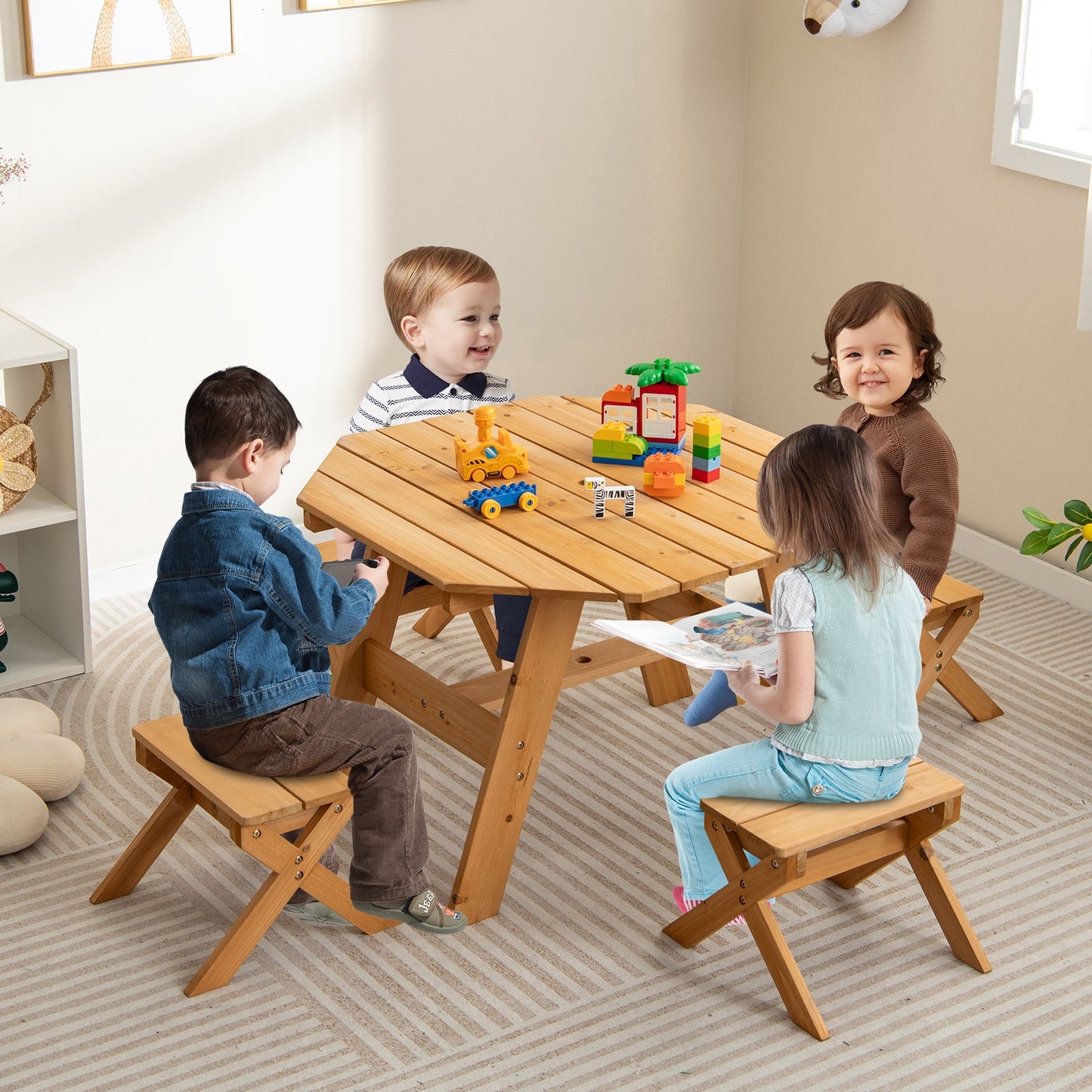 Wooden Kids Picnic Table Set with 4 Chairs and Adjustable Umbrella-Natural