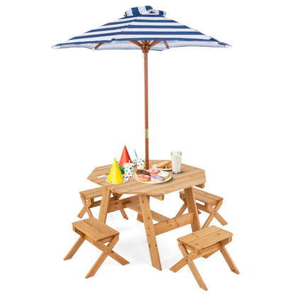 Wooden Kids Picnic Table Set with 4 Chairs and Adjustable Umbrella-Natural