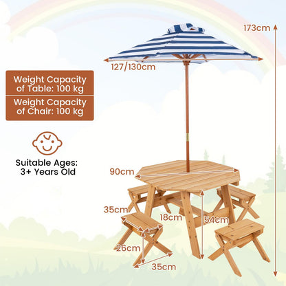 Wooden Kids Picnic Table Set with 4 Chairs and Adjustable Umbrella-Natural