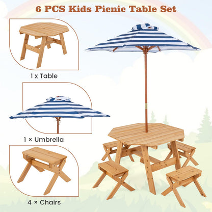 Wooden Kids Picnic Table Set with 4 Chairs and Adjustable Umbrella-Natural