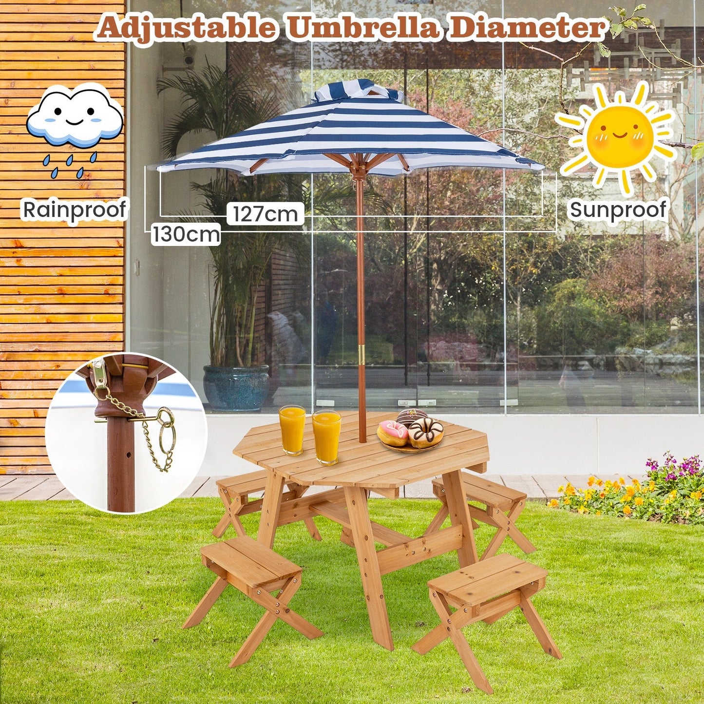 Wooden Kids Picnic Table Set with 4 Chairs and Adjustable Umbrella-Natural