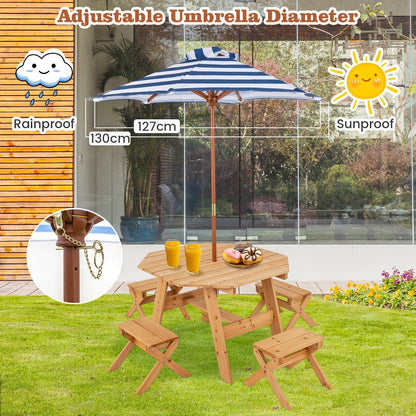 Wooden Kids Picnic Table Set with 4 Chairs and Adjustable Umbrella-Natural
